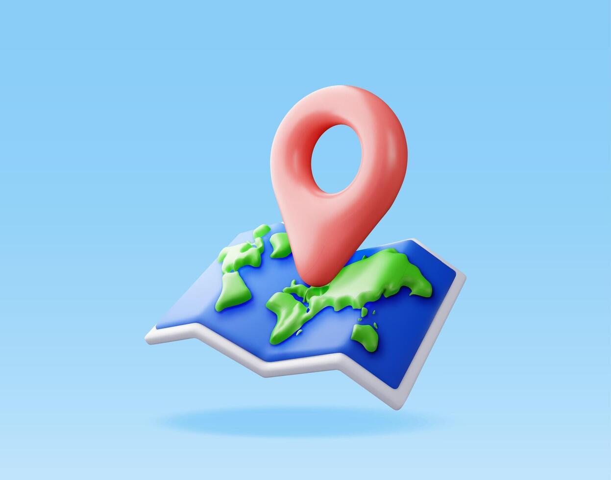 3d dibujos animados doblada mundo mapa con ubicación alfiler. hacer mundo mapa silueta. planeta icono. cartografía y geografía. tierra día, fiesta y viajar, GPS ubicación navegación servicio. vector