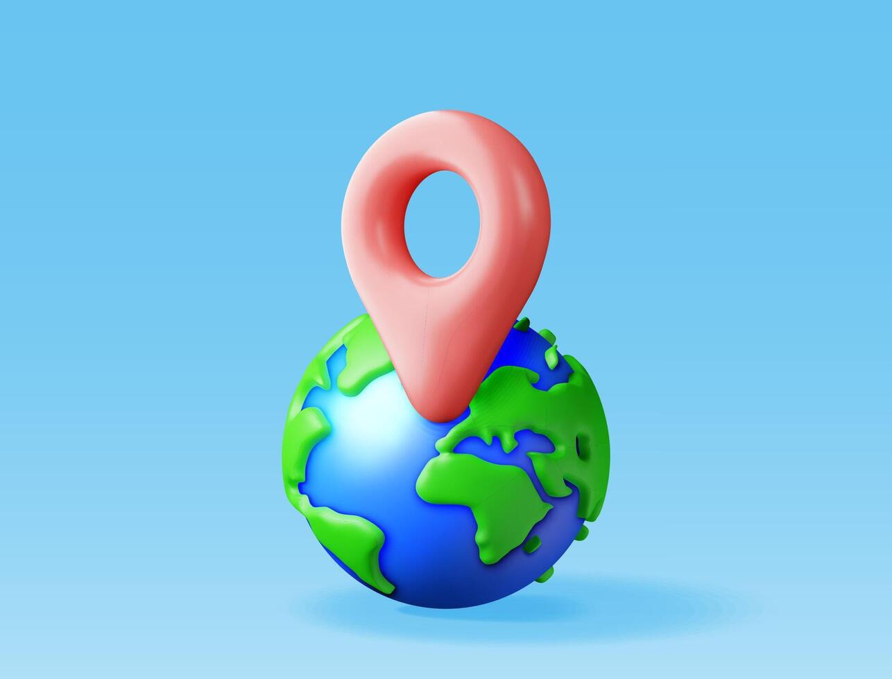 3D cartoon planet earth and location pin Isolated. Render world map silhouette. Planet icon. Cartography and geography. Earth day, travel destination, holiday and transportation. vector