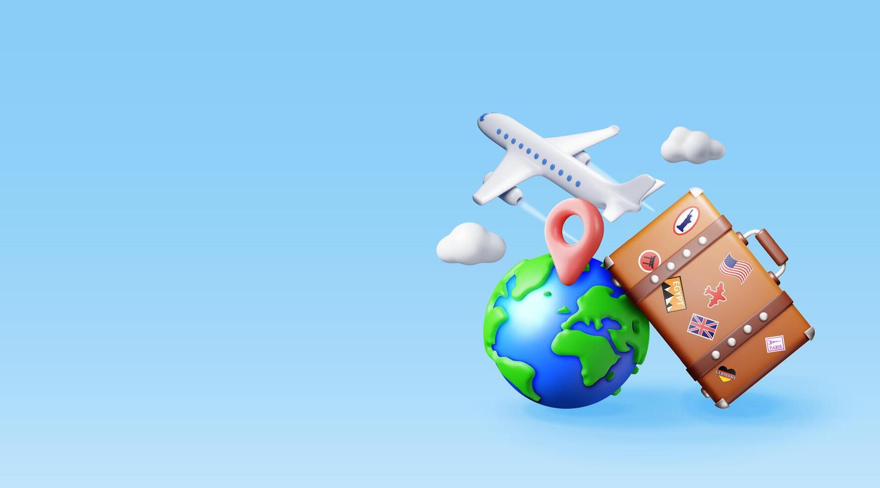 3d vintage travel bag, globe and airplane. Render classic leather suitcase and planet earth. Travel element. Holiday or vacation. Transportation, trip concept. vector