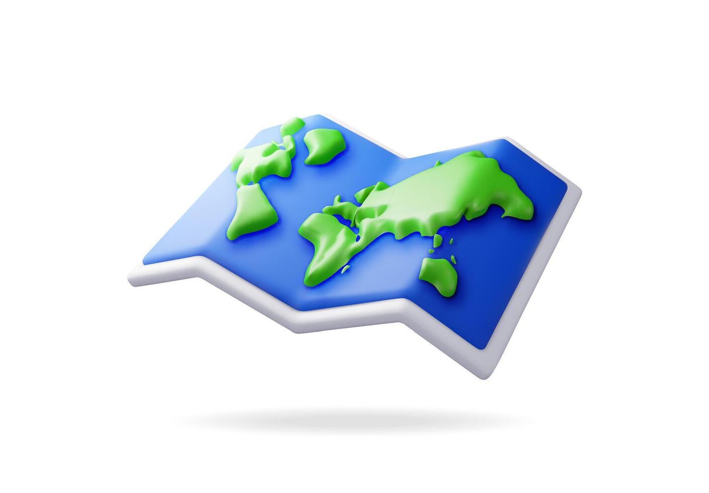 3D cartoon folded world map isolated on white. Render world map silhouette. Planet icon. Cartography and geography. Earth day, Holiday and travel, GPS location navigation service. vector