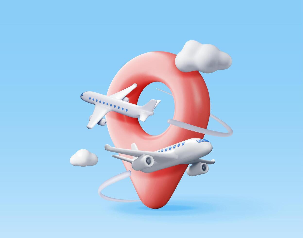 3D airplane in clouds and location pin. Render world travelling by plane. Aircraft around location pin. Time to travel concept, holiday planning. Tourist worldwide transportation. vector