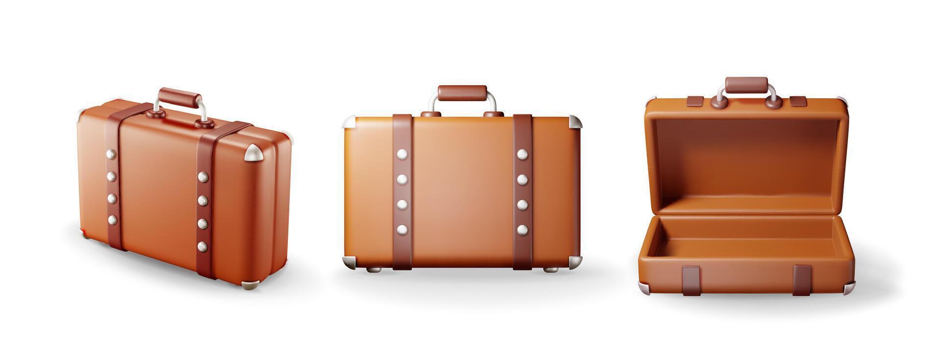 3D set of vintage old travel suitcase isolated. Render collection of leather retro bag. Brown briefcase with belts. Travel baggage and luggage. Holiday or vacation transportation. vector