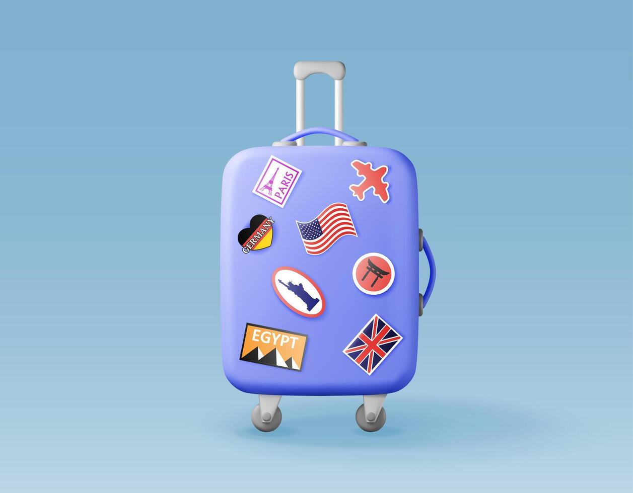 3d azul viaje maleta con pegatinas aislado. hacer el plastico bolsa. viaje o viaje concepto. el plastico caso. carretilla en ruedas viaje equipaje y equipaje. vector