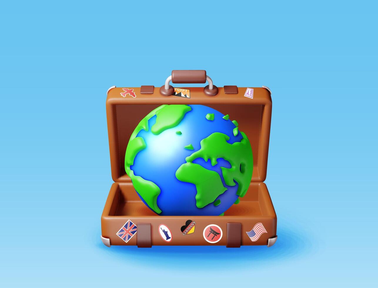 3d vintage suitcase with blue globe inside isolated. Render leather classic travel bag with stickers and planet earth. Travel element. Holiday or vacation. Transportation concept. vector