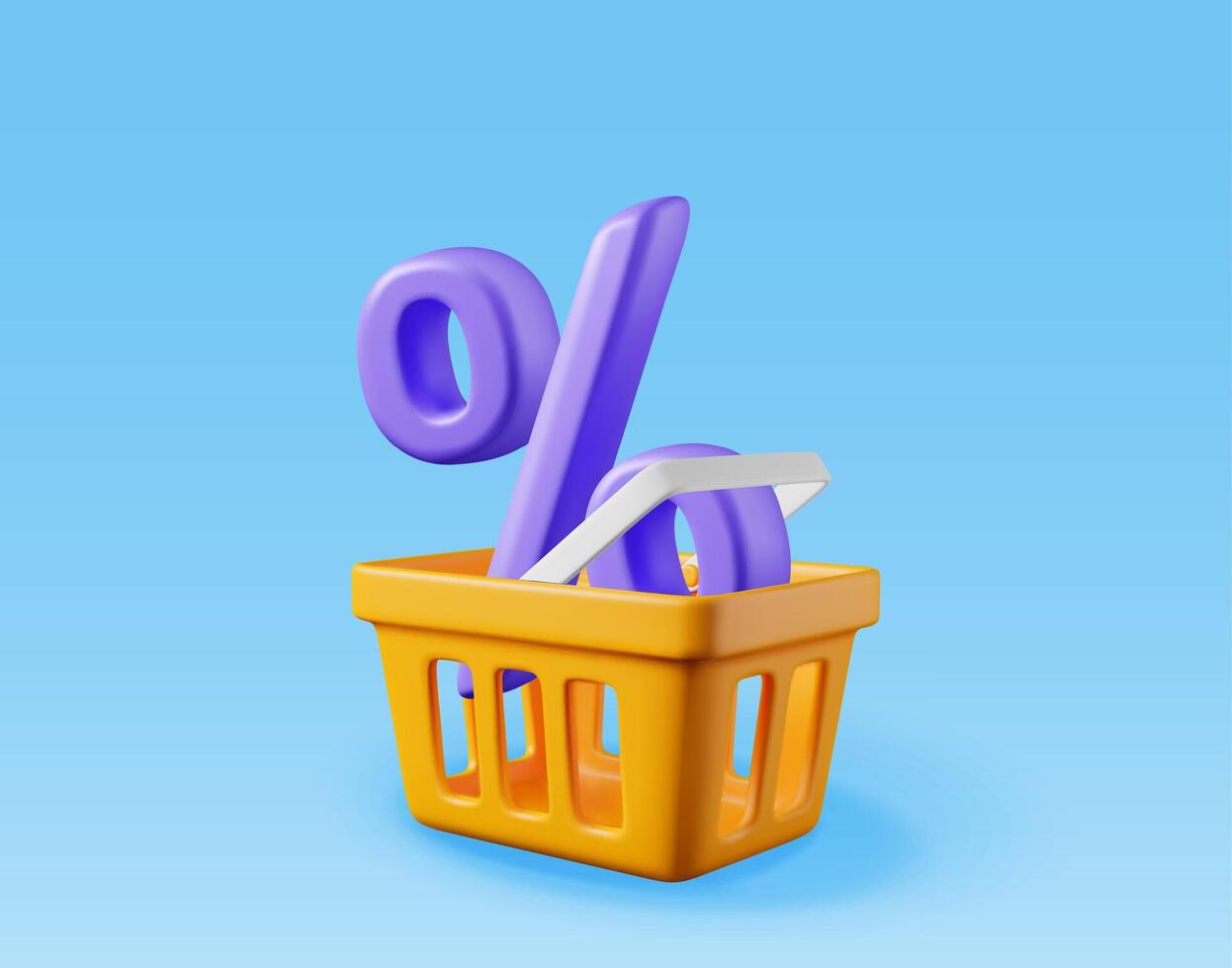 3D shopping basket with percentage symbol isolated. Render realistic shopping cart and colorful percent sign. Sale discount or clearance. Online or retail shopping. vector