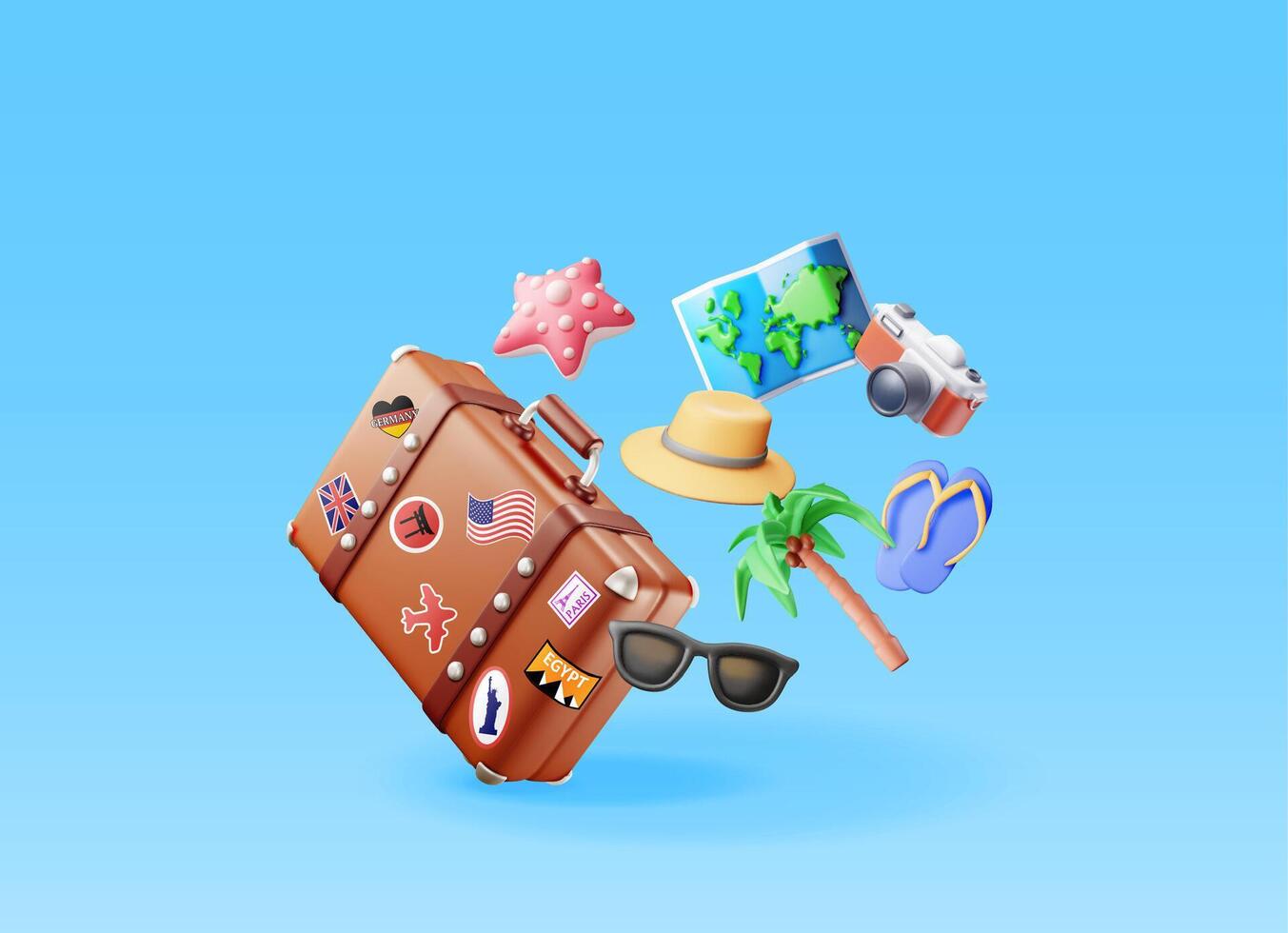 3d palm tree, travel bag, globe and photo camera. Render sunglasses, suitcase and planet earth. Travel element. Holiday or vacation. Transportation concept vector
