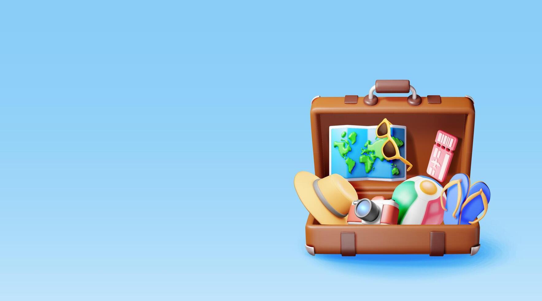 3d vintage travel bag with airline ticket, map and beach clothes. Render paper ticket with plane icon, suitcase and photo camera. Travel, holiday or vacation and transportation. vector