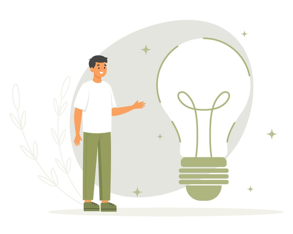 Man with huge lightbulb. Save energy concept vector