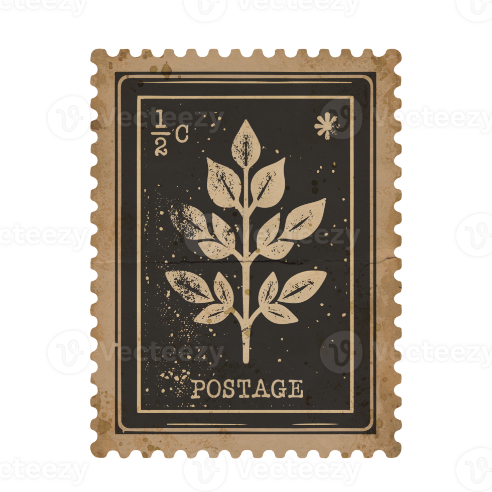 Retro Leafy Branch Postage Stamp Design in Monochrome with Grunge Details. Time-Worn Elegance for Scrapbooking png