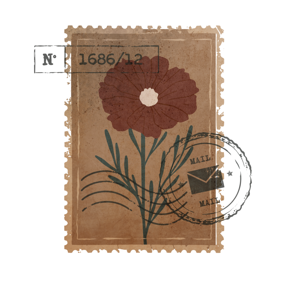 Vintage Botanical Postage Stamp. Old Mail Postmark with Flower Isolated on Transparent Background png