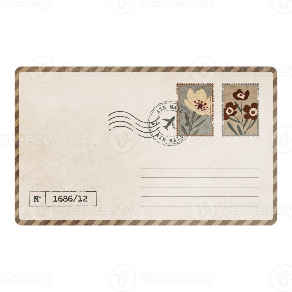 Vintage Scrapbook Envelope with Flowers and Postal Stamps. Old Grunge Note Isolated on Transparent Background png