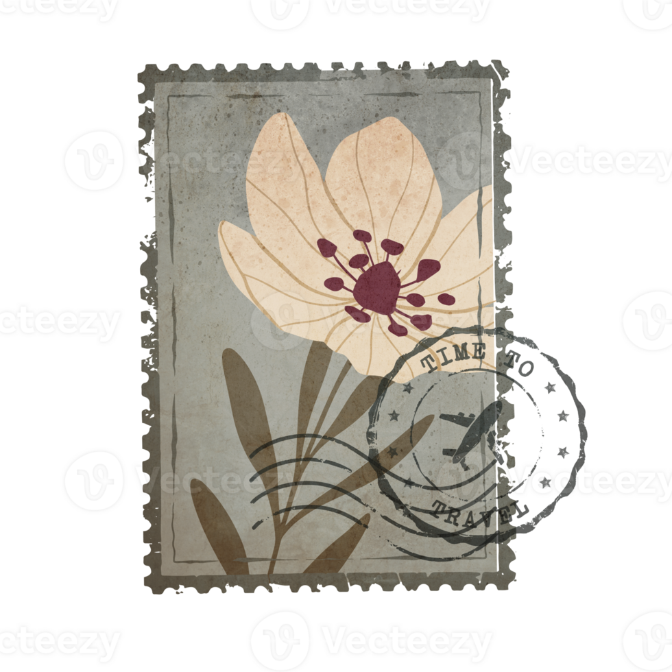 Vintage Botanical Postage Stamp. Old Mail Postmark with Flower Isolated on Transparent Background png