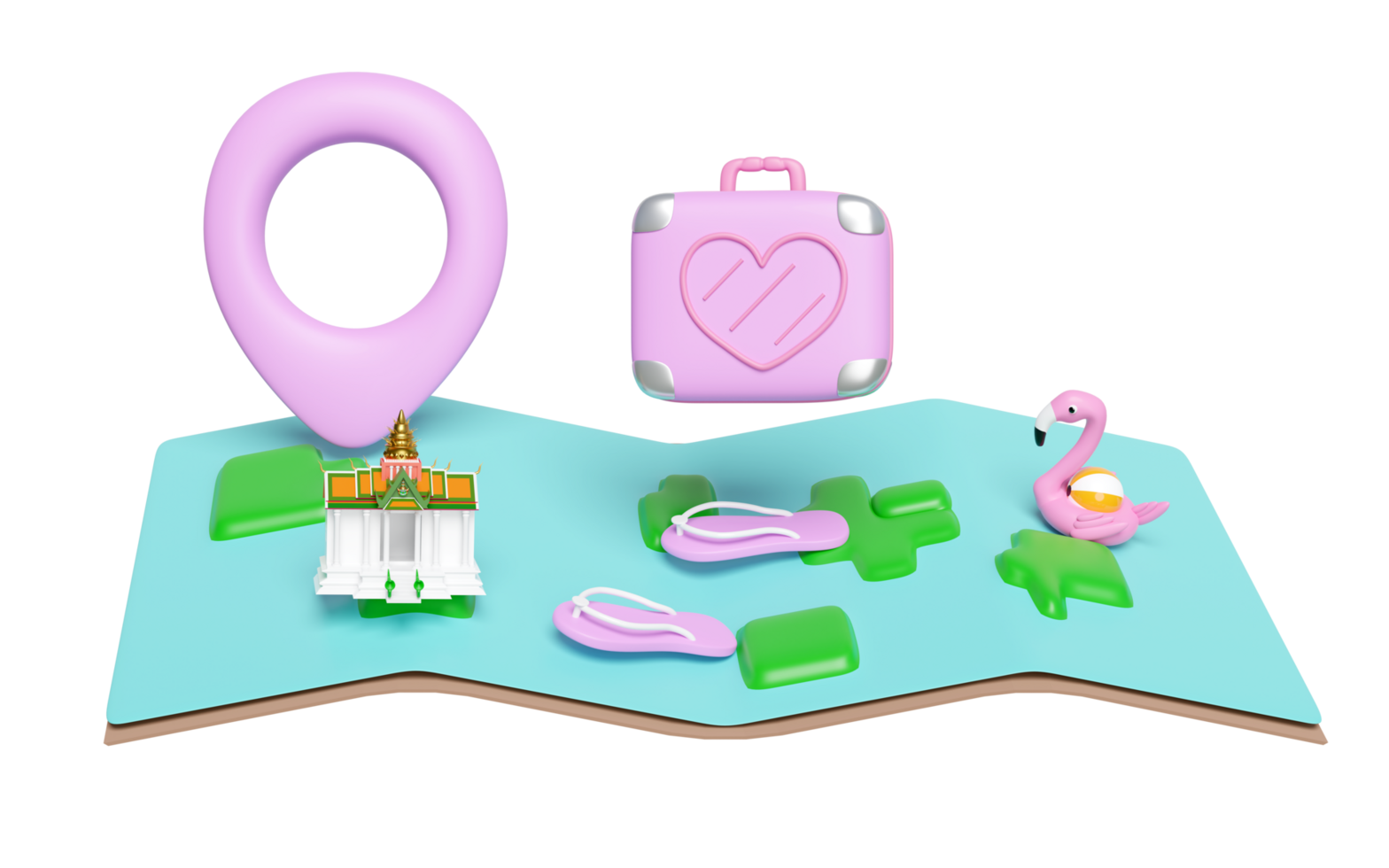 3d map with sandals, luggage, measure, flamingo, pin isolated. map earth travel concept, 3d render illustration png