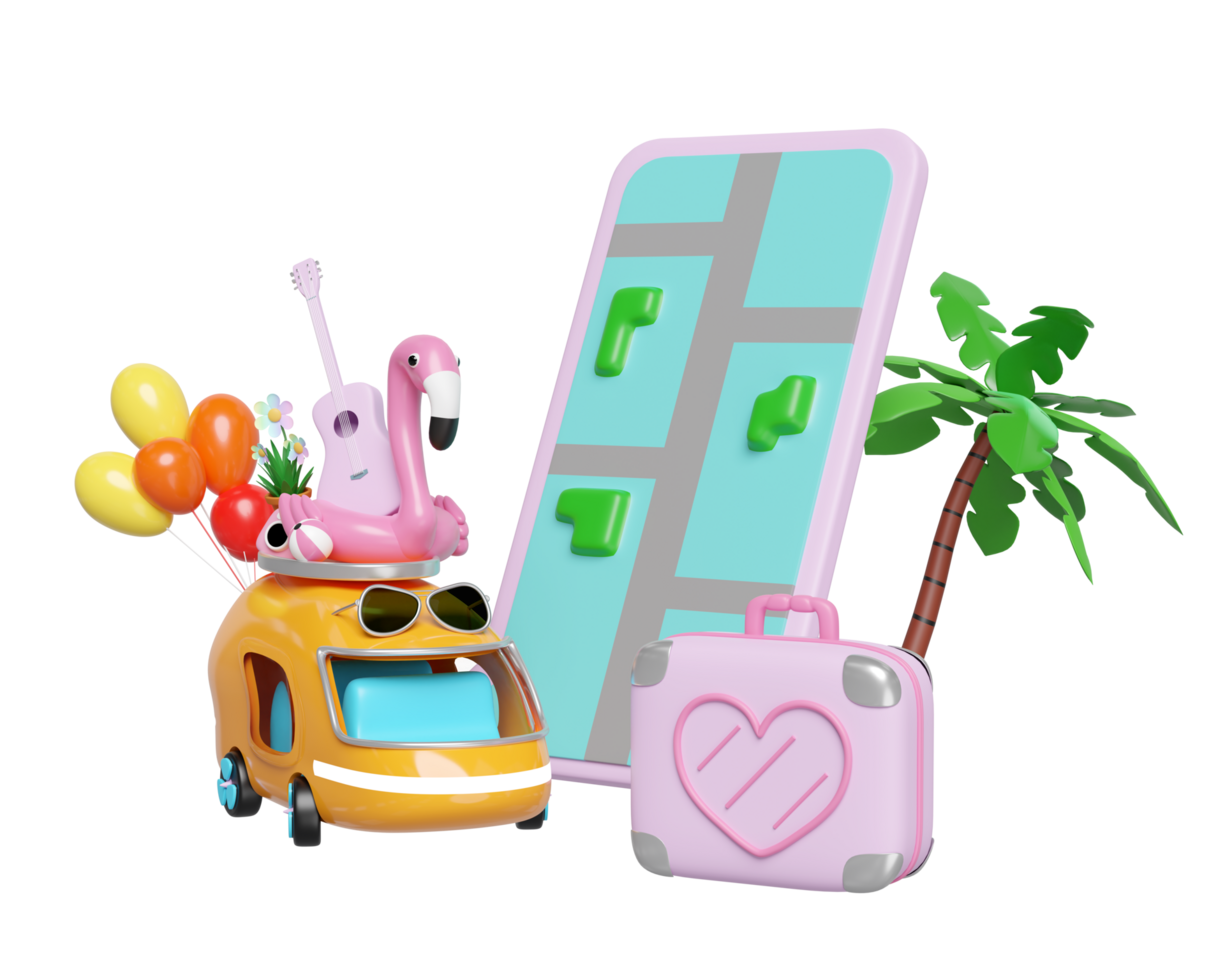 3d mobile phone or smartphone with bus, map, guitar, luggage, balloons, camera, sunglasses, flower, flamingo, tree isolated. map earth travel concept, 3d render illustration png