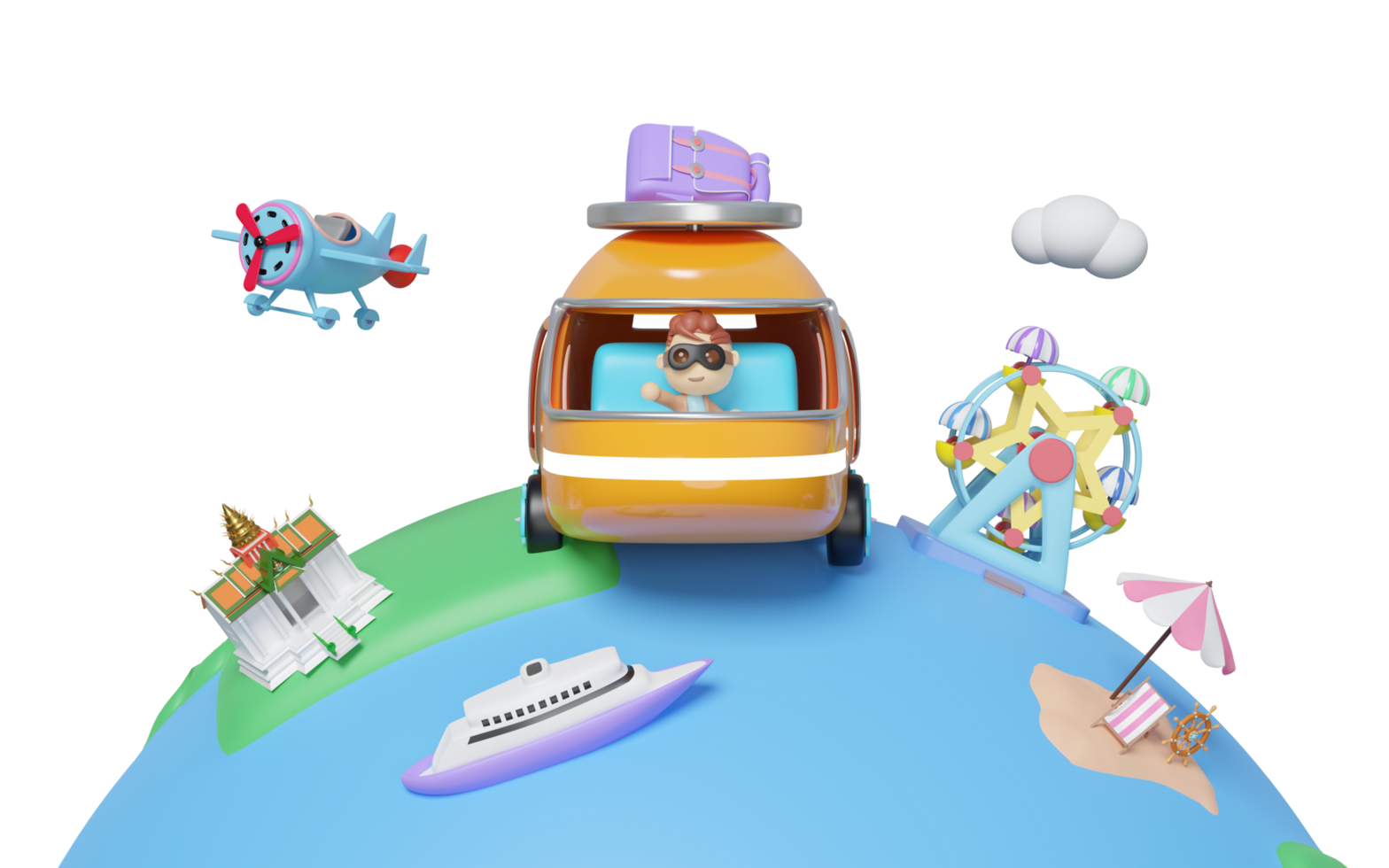 Tourist buses run around the world with boy, propeller plane, luggage, measure, ferris wheel, island isolated. travel around the world concept, 3d render illustration png