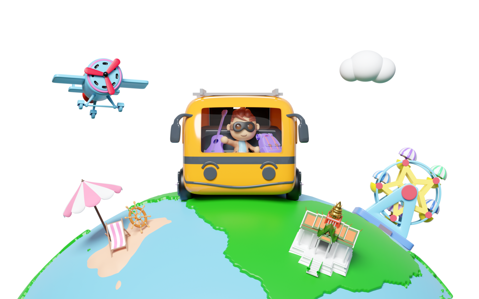 Tourist buses run around the world with boy, plane, luggage, guitar, measure, ferris wheel, island isolated. travel around the world concept, 3d render illustration png