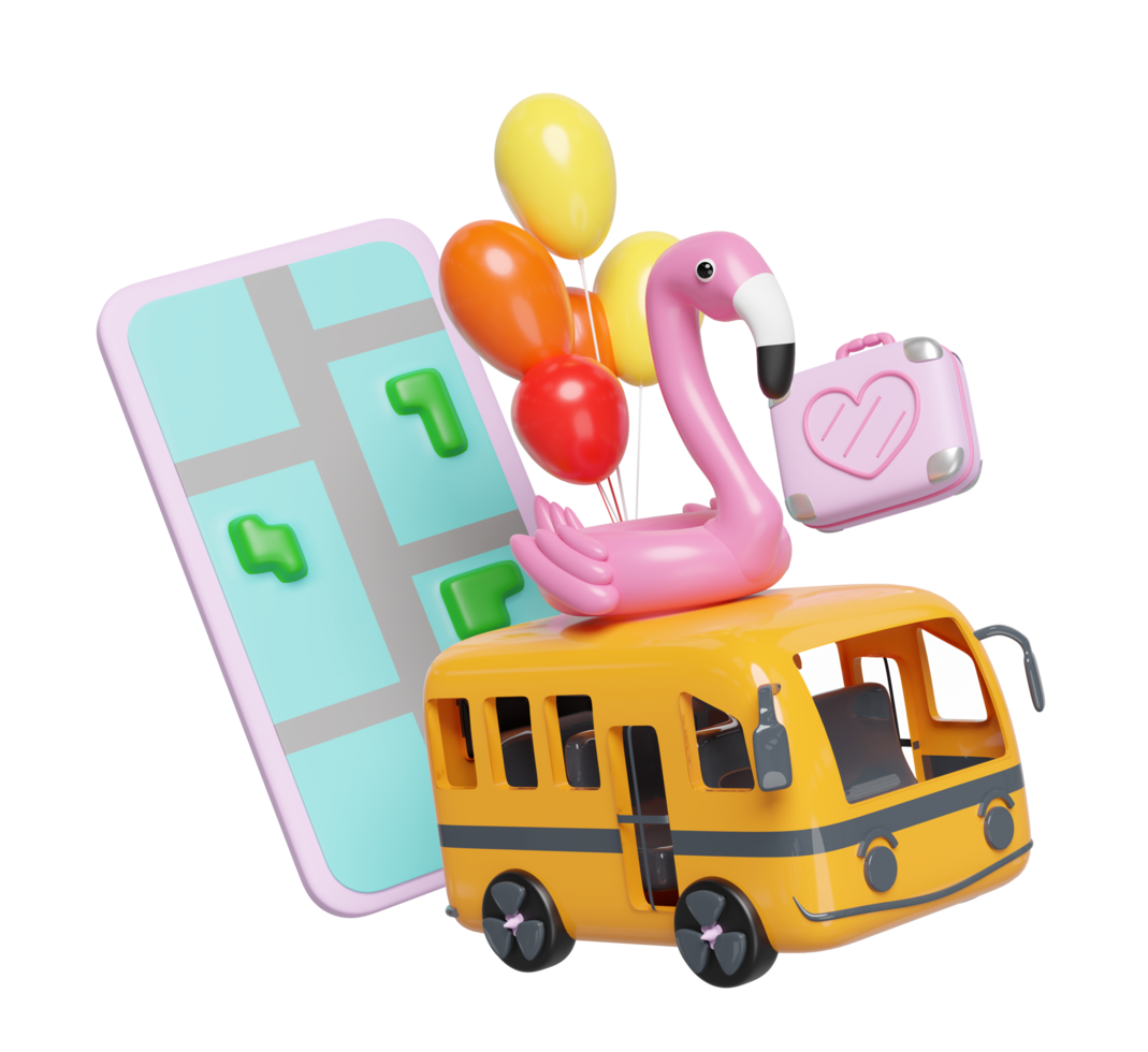 3d mobile phone or smartphone with bus, map, luggage, balloons, flamingo, tree isolated. map earth travel concept, 3d render illustration png