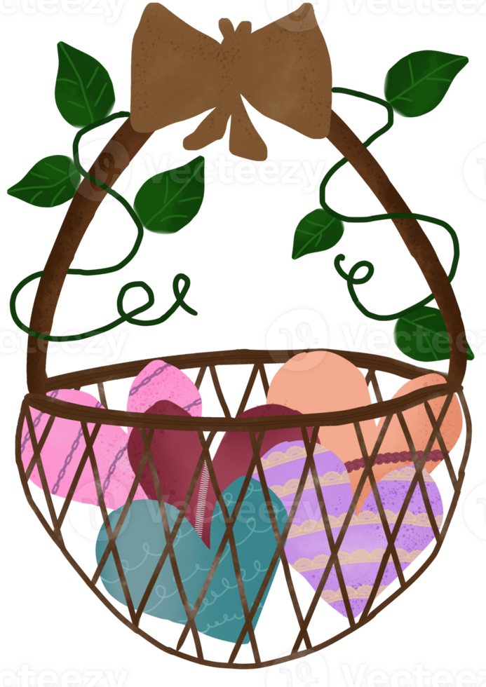 A wooden basket filled with hearts wrapped in vines. png