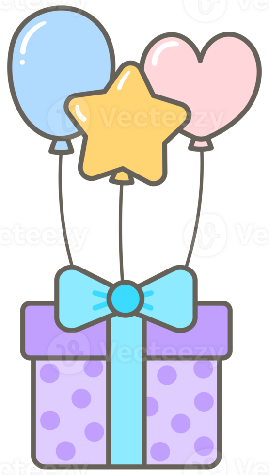 Kids hand drawn kawaii birthday party cute elements set balloon and gift box png