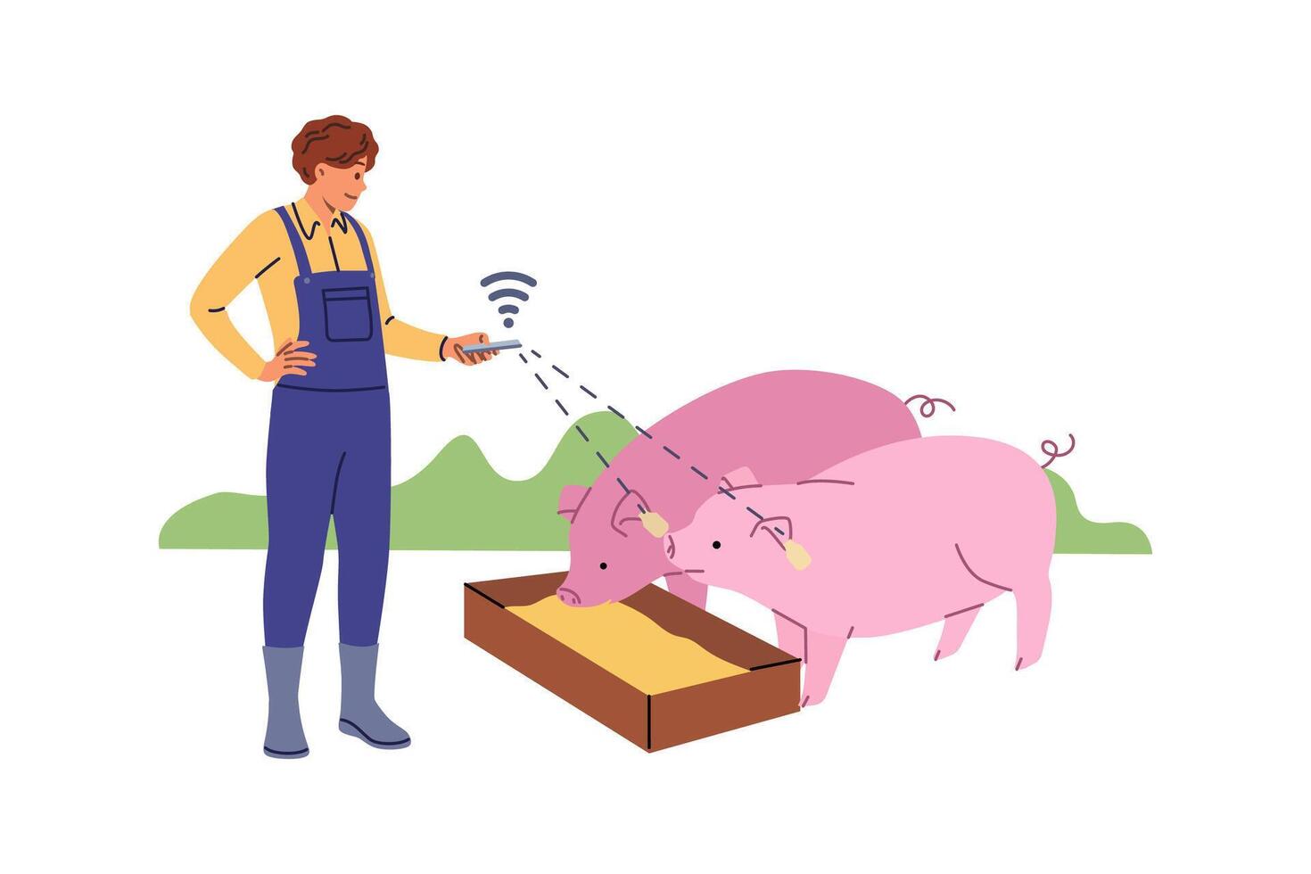 granjero control S inteligente ganado granja vía teléfono, en pie cerca cerdos con Wifi papas fritas en orejas vector