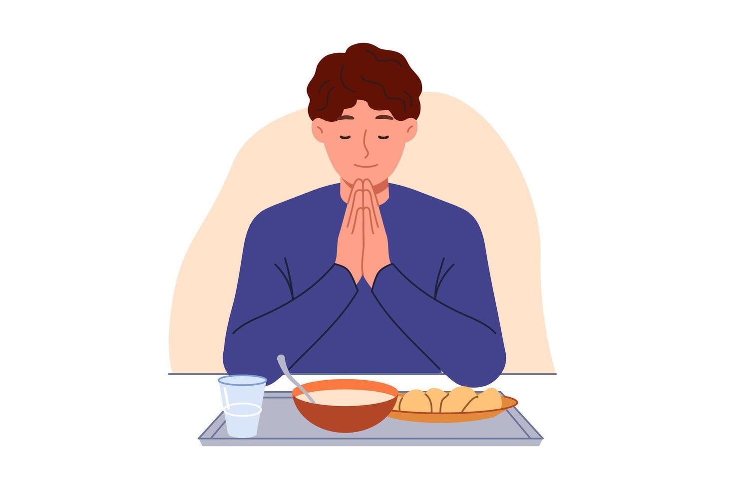 Man prays sitting at table with food, observing christian tradition and expressing gratitude to god vector