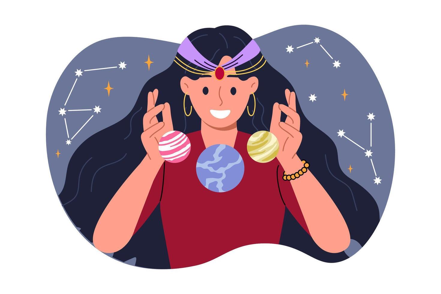 mujer fortuna cajero es interesado en astrología, prediciendo futuro por estudiando constelaciones en cielo vector
