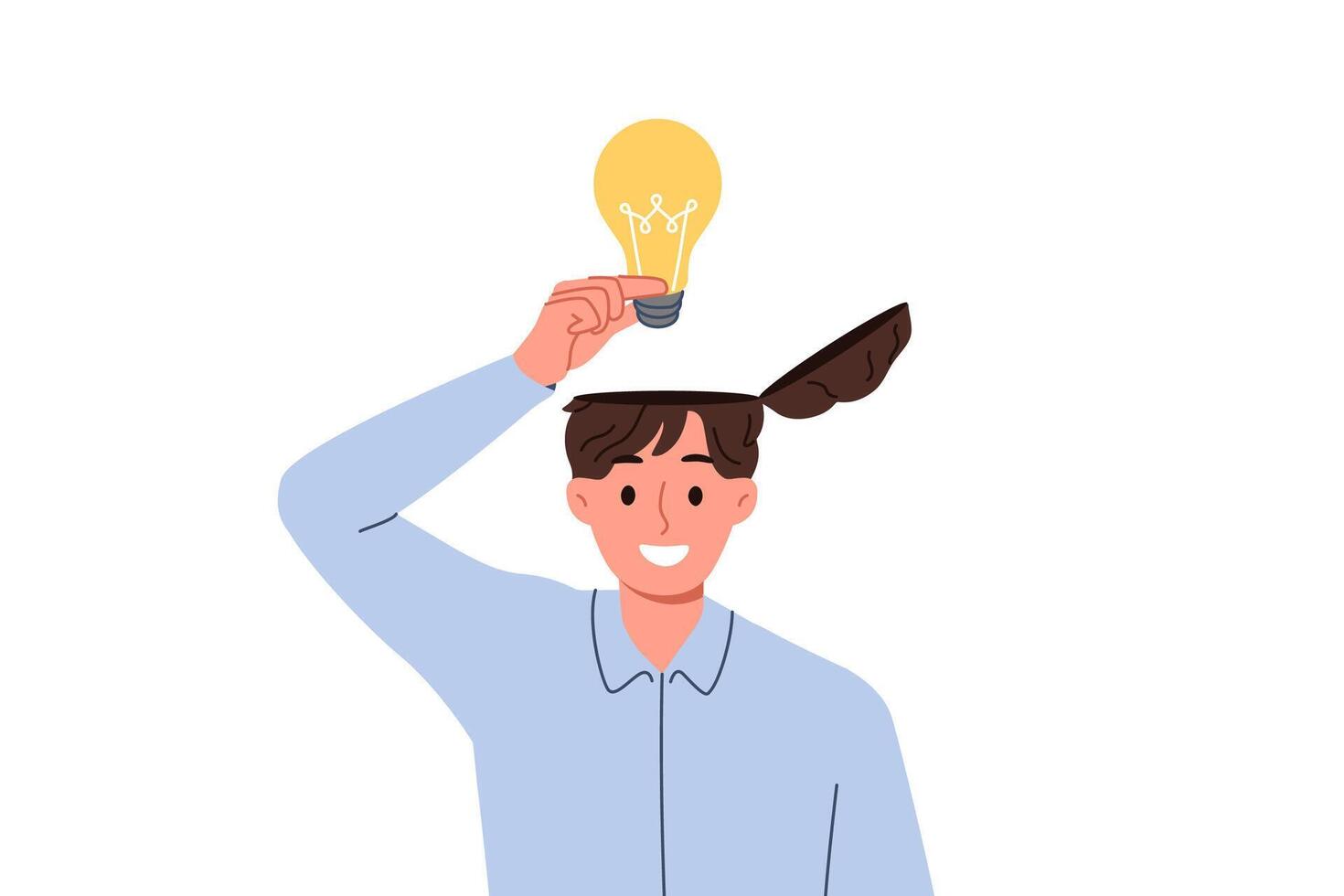 Man learns about innovative idea puts light bulb inside head to improve own creative thinking vector