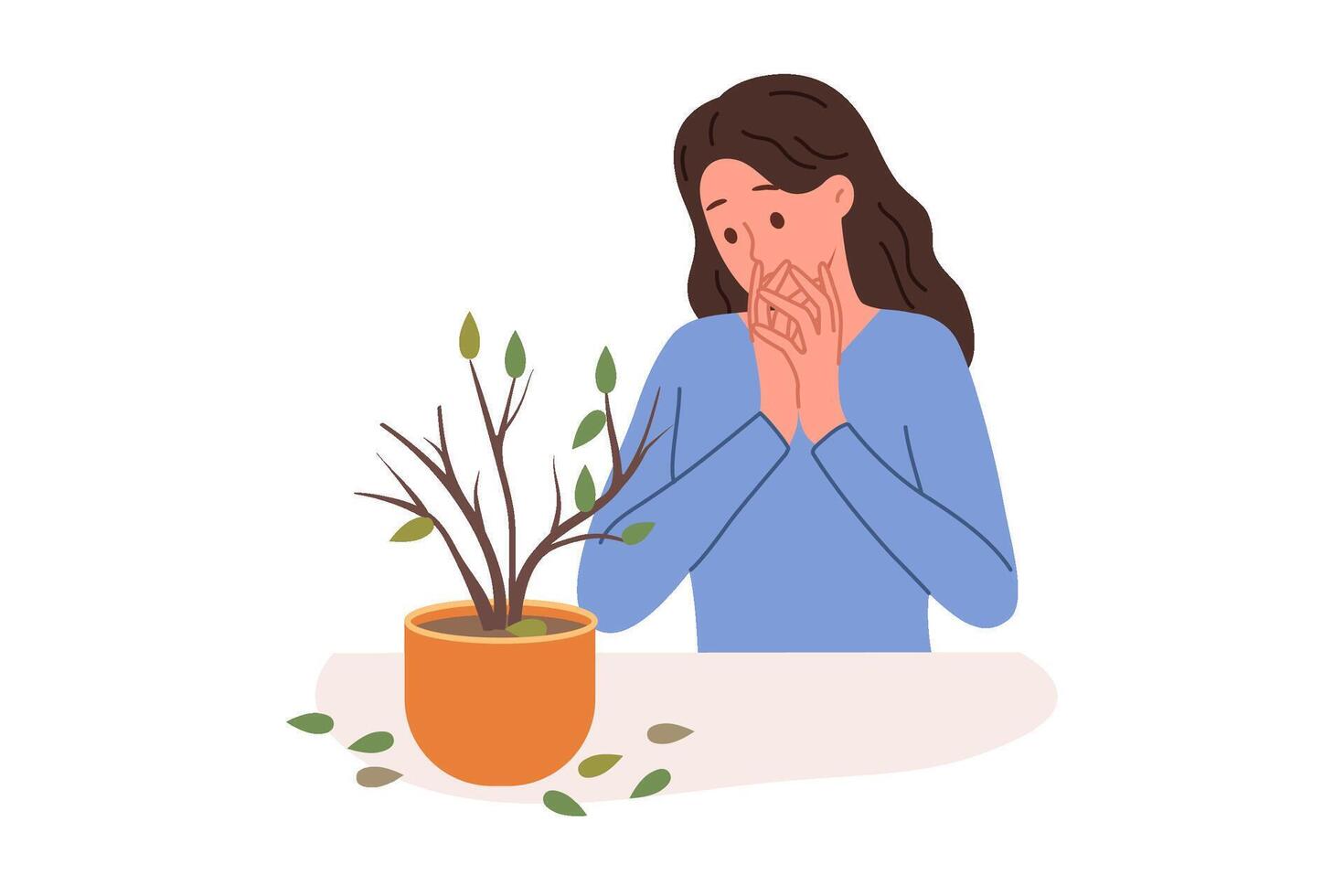Dried out houseplant in pot causes stress to upset woman who is interested in botany vector