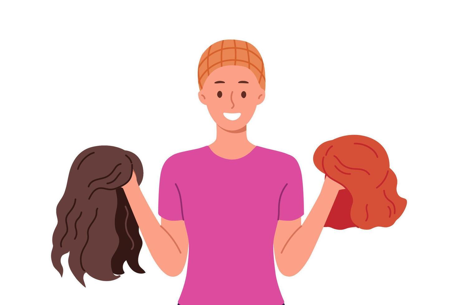 Woman chooses wig, wanting to change image and have long hair, after chemotherapy vector