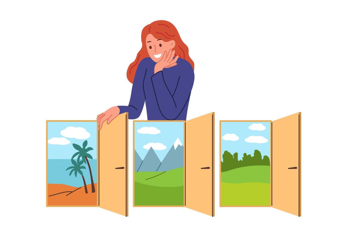 Girl traveler makes travel plan and chooses place to relax, stands near door with beach or mountains vector