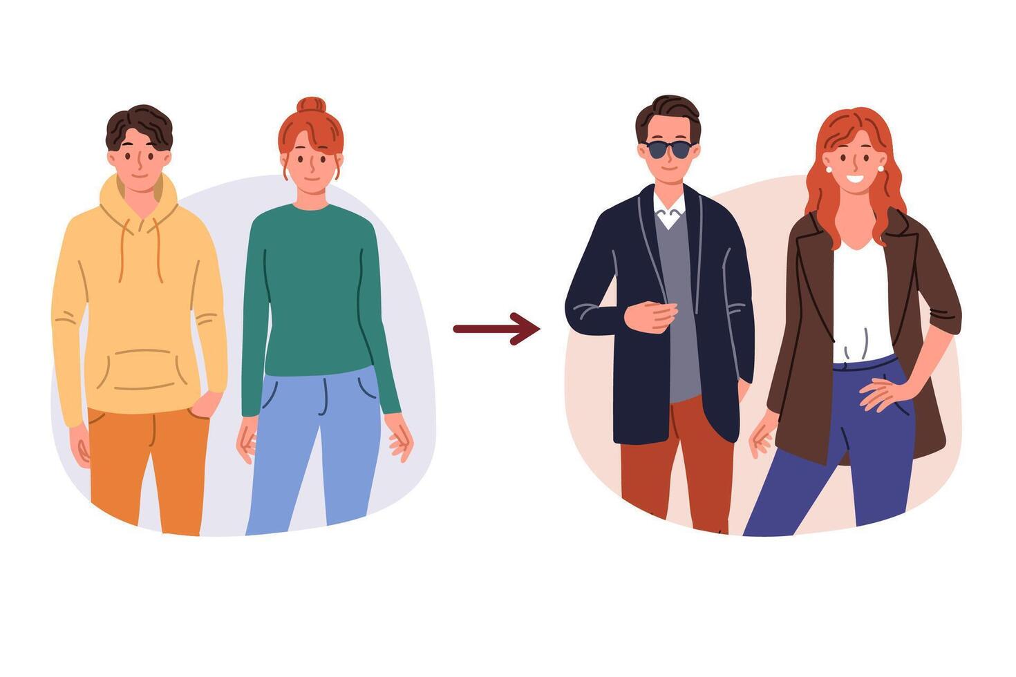 transformación de imagen hombre y mujer quien cambió ropa a cambio Mira y estilo vector