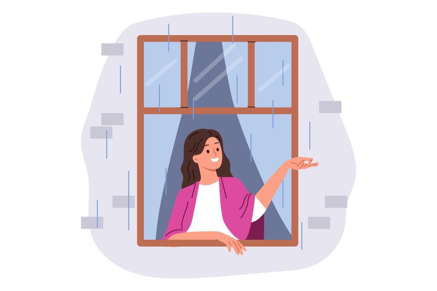 First autumn rain brings joy to woman looking out of apartment window and catching drops with smile vector