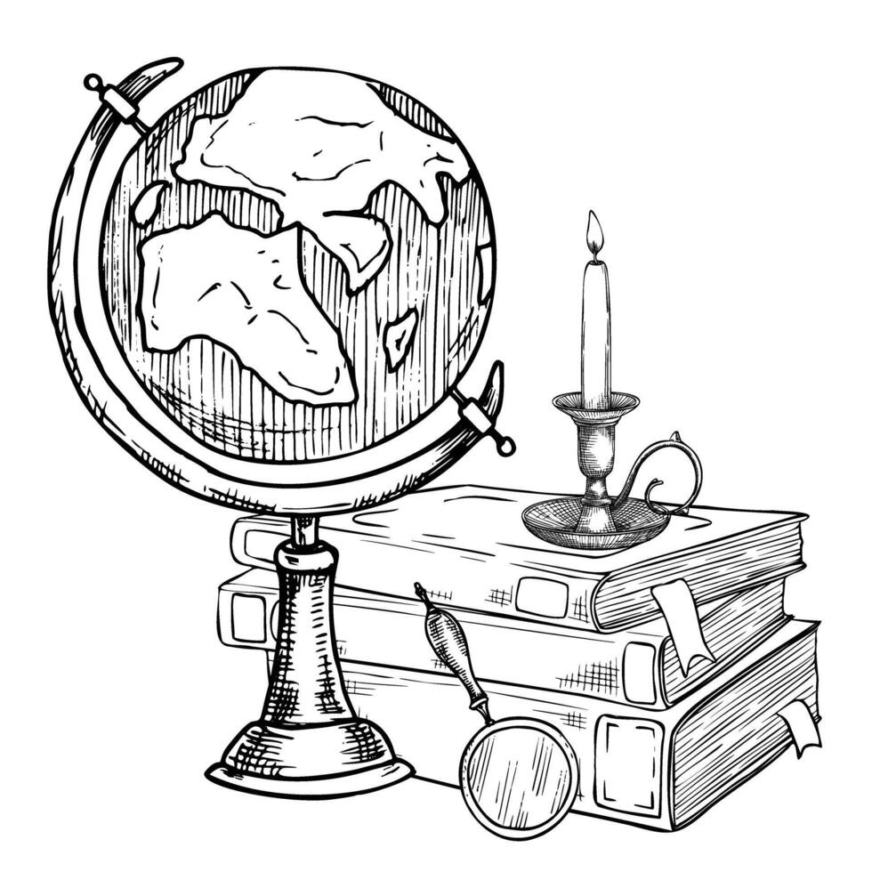 Globe and Books. illustration of a stack of geography notebooks and textbooks with a vintage candle. Drawing of knowledge and education objects in linear style painted by black inks for icon vector
