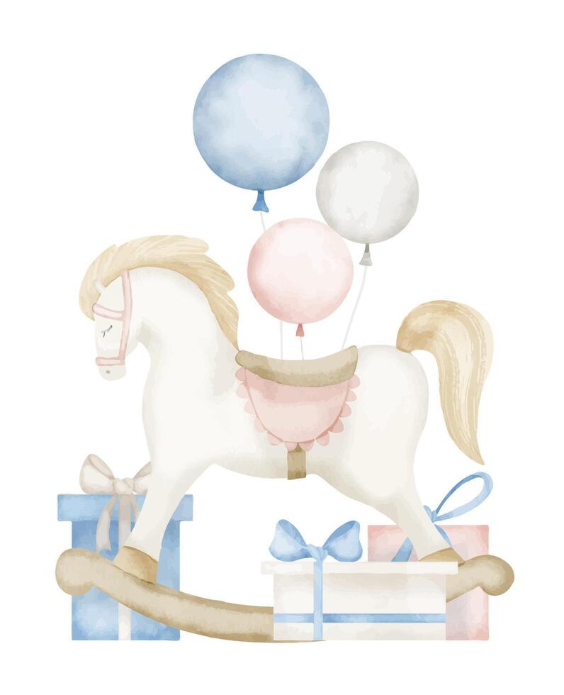 Rocking Horse watercolor illustration in pastel pink and blue colors. Hand drawn Toy with balloons and gift boxes for greeting cards or birthday invitations. Childish drawing for kids celebration vector