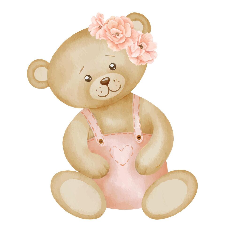 Teddy Bear watercolor illustration. Hand drawn sketch of little cute animal in pastel brown and pink colors with flowers for Baby shower invitations or happy birthday greeting cards. Drawing for girl vector