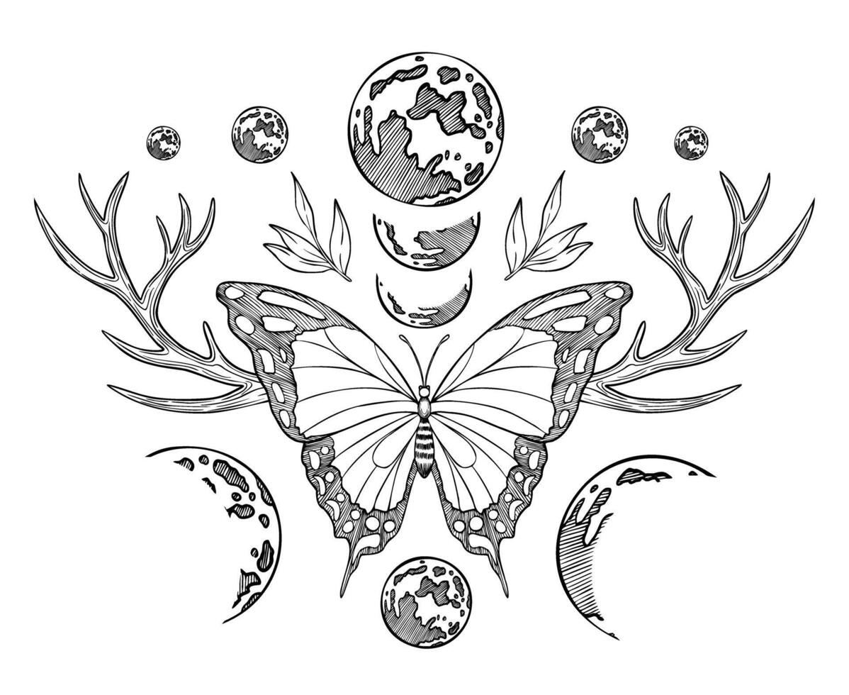 mariposa con lunas y ciervo cuernos. lustración de un insecto con alas y cornamenta en un mágico celestial composición. mágico dibujo en lineal estilo para tatuaje. Clásico esotérico impresión vector