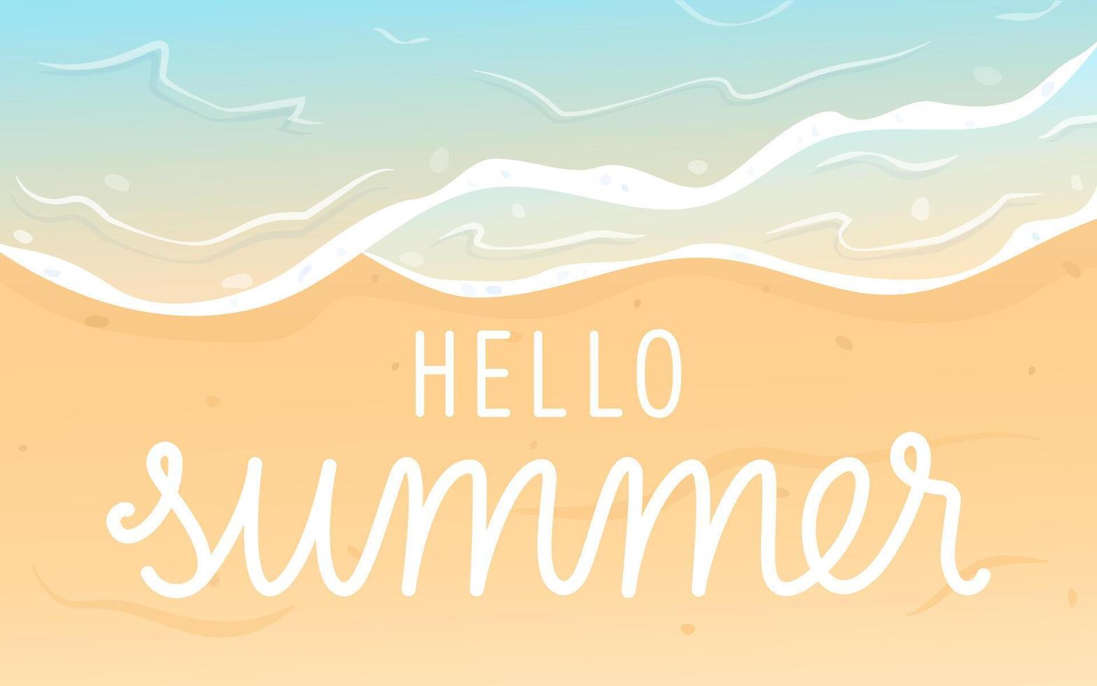 Hola verano bandera. parte superior ver en playa, arena y ondas. horizontal diseño para bandera póster o saludo tarjeta vector