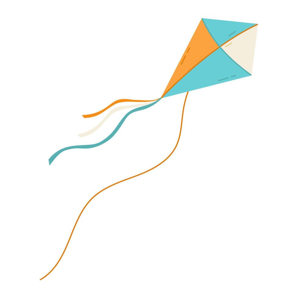 Kite flying in the sky flat illustration. Blue, orange and white kite isolated on white background vector