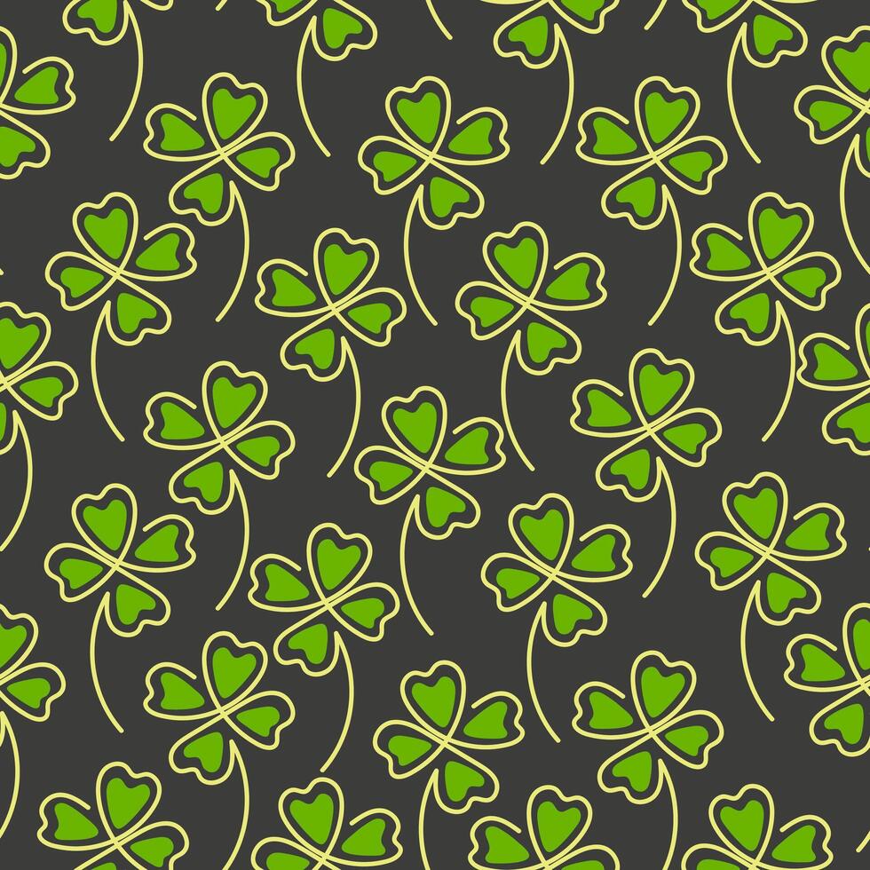 Line art clover four green leaf seamless pattern isolated on white background. St. Patrick day symbo vector