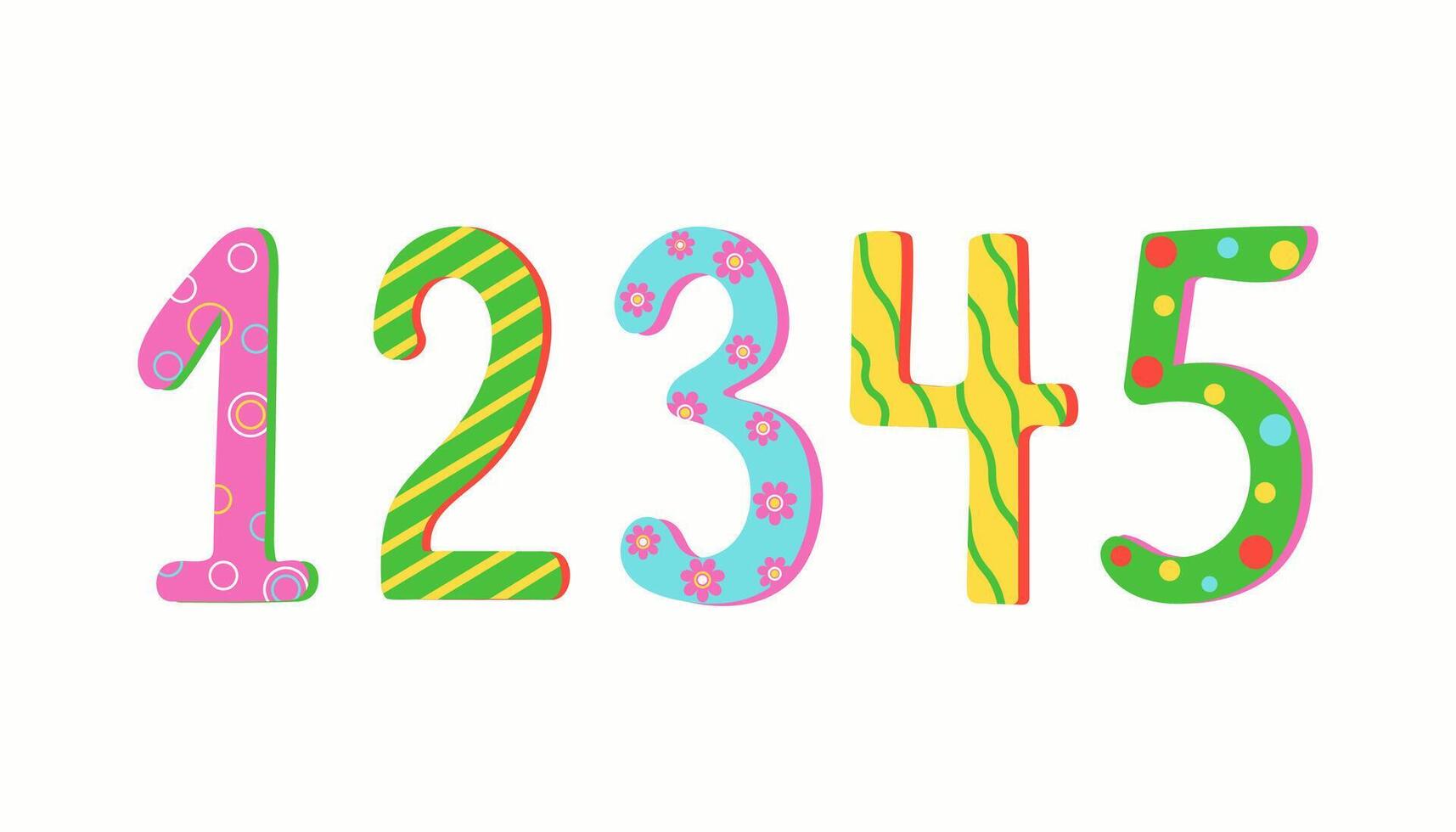 Set of numbers with multi-colored ornaments. Design for children's parties, birthdays. Number series from 1 to 5. Calendar date. illustration. vector