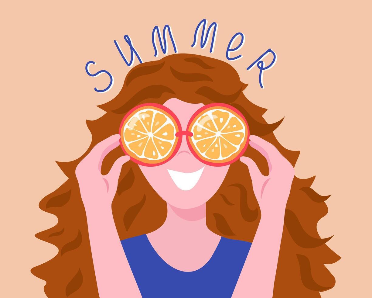 niña en Gafas de sol. mano letras verano. frutas, naranja rebanadas brillante ropa, largo cabello. el mujer es contento y alegre. ilustración. aislado antecedentes. vector