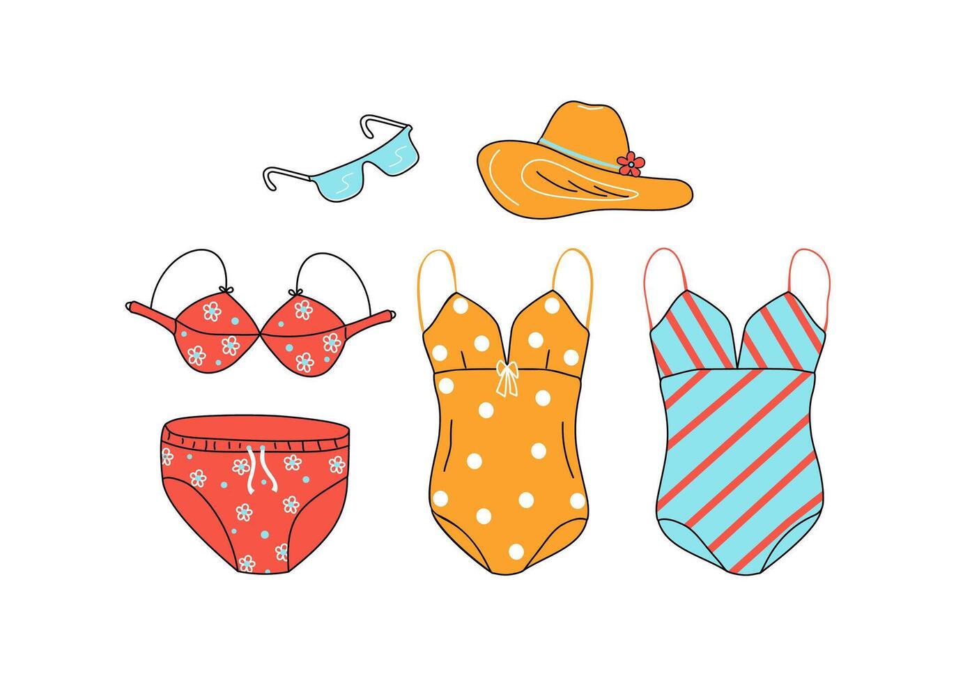 Summer clothes for the beach. Set of bright swimsuits for the beach and pool, doodles. Women's collection. illustration on white isolated background. vector