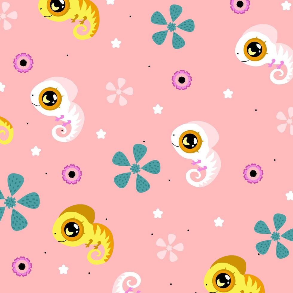 Cute Baby Chameleon Pattern on Pink Background vector