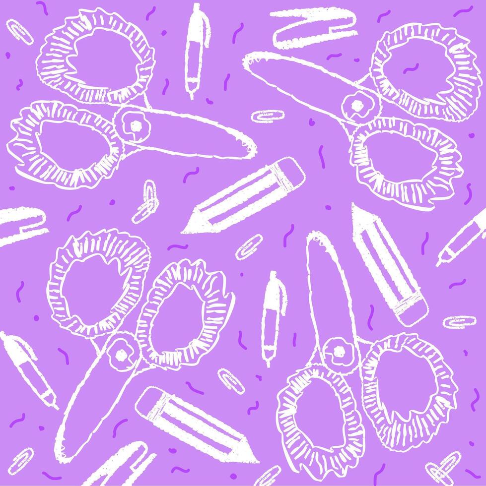 The image consists of a print or pattern with hand drawn school supplies vector