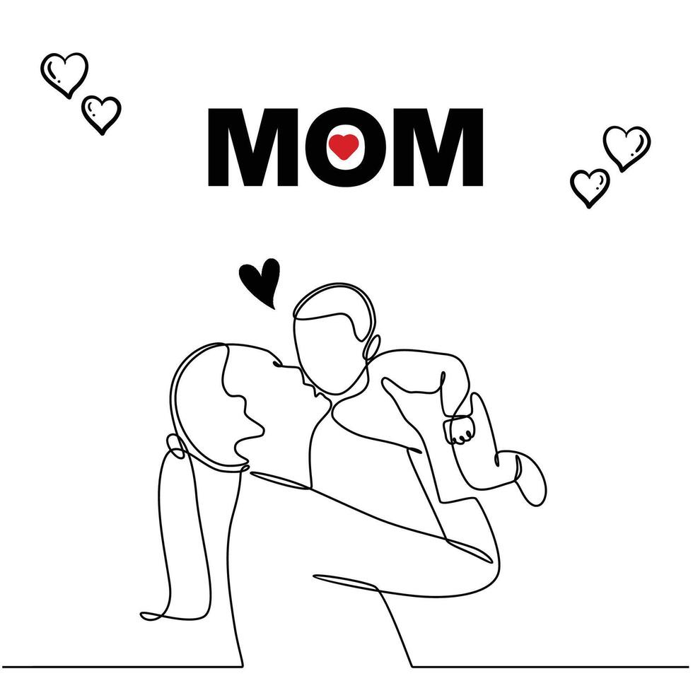 Happy mother's day one line minimalist style illustration, Mom typography greeting card vector