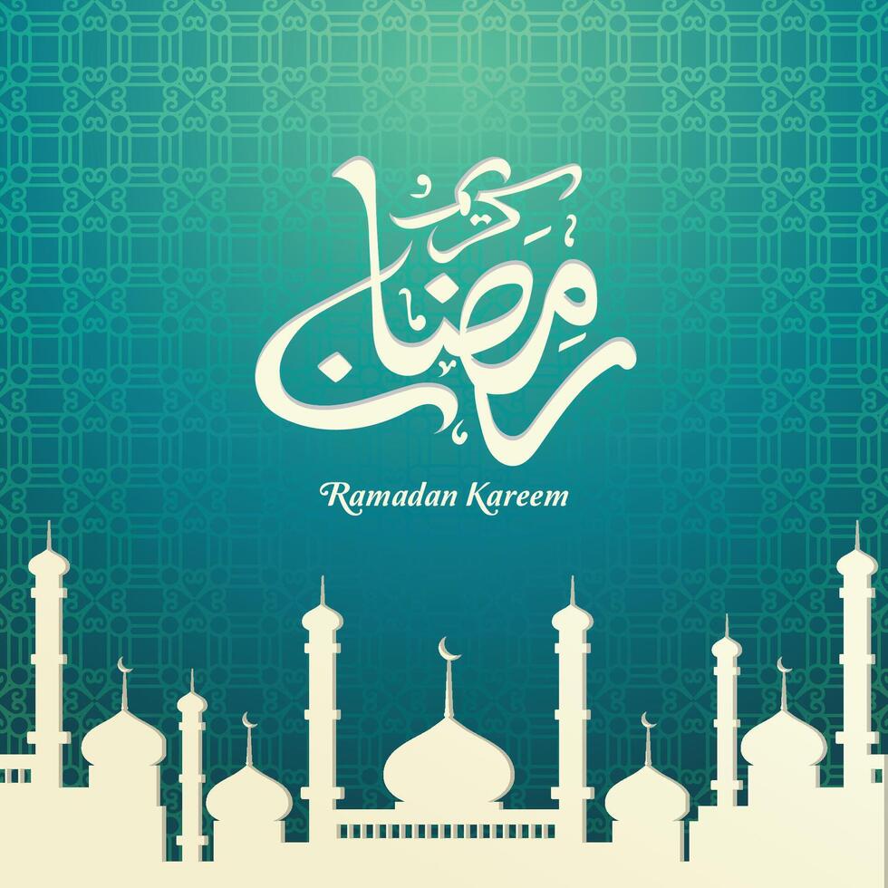 Ramadhan kareem greeting with mosque silhouette vector