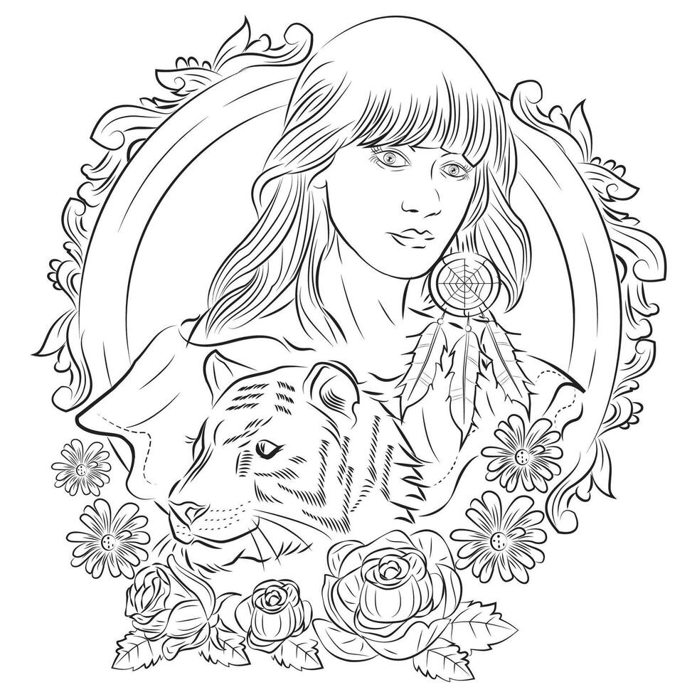 Fairy girl with mandala flowers for coloring book, print on product, laser engraving and so on vector