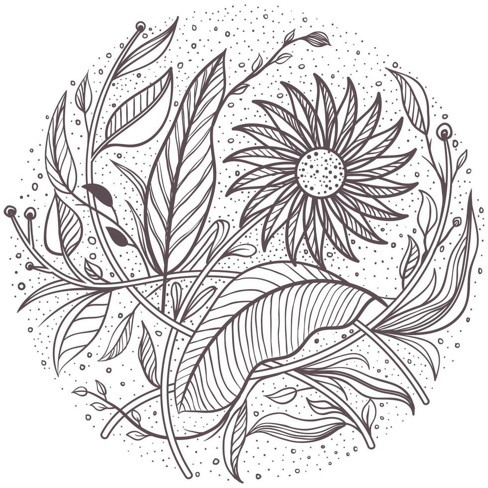 Round design with black and white fern, dog rose, rowan, ginkgo, maple, oak, horse chestnut, chestnut, hawthorn vector