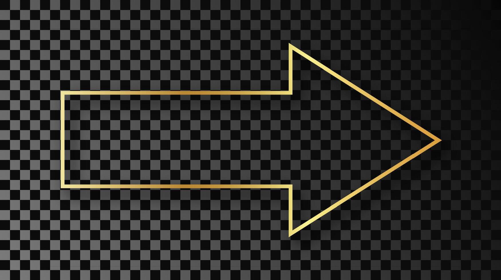 Gold glowing arrow shape frame with shadow isolated on dark background. Shiny frame with glowing effects. illustration. vector