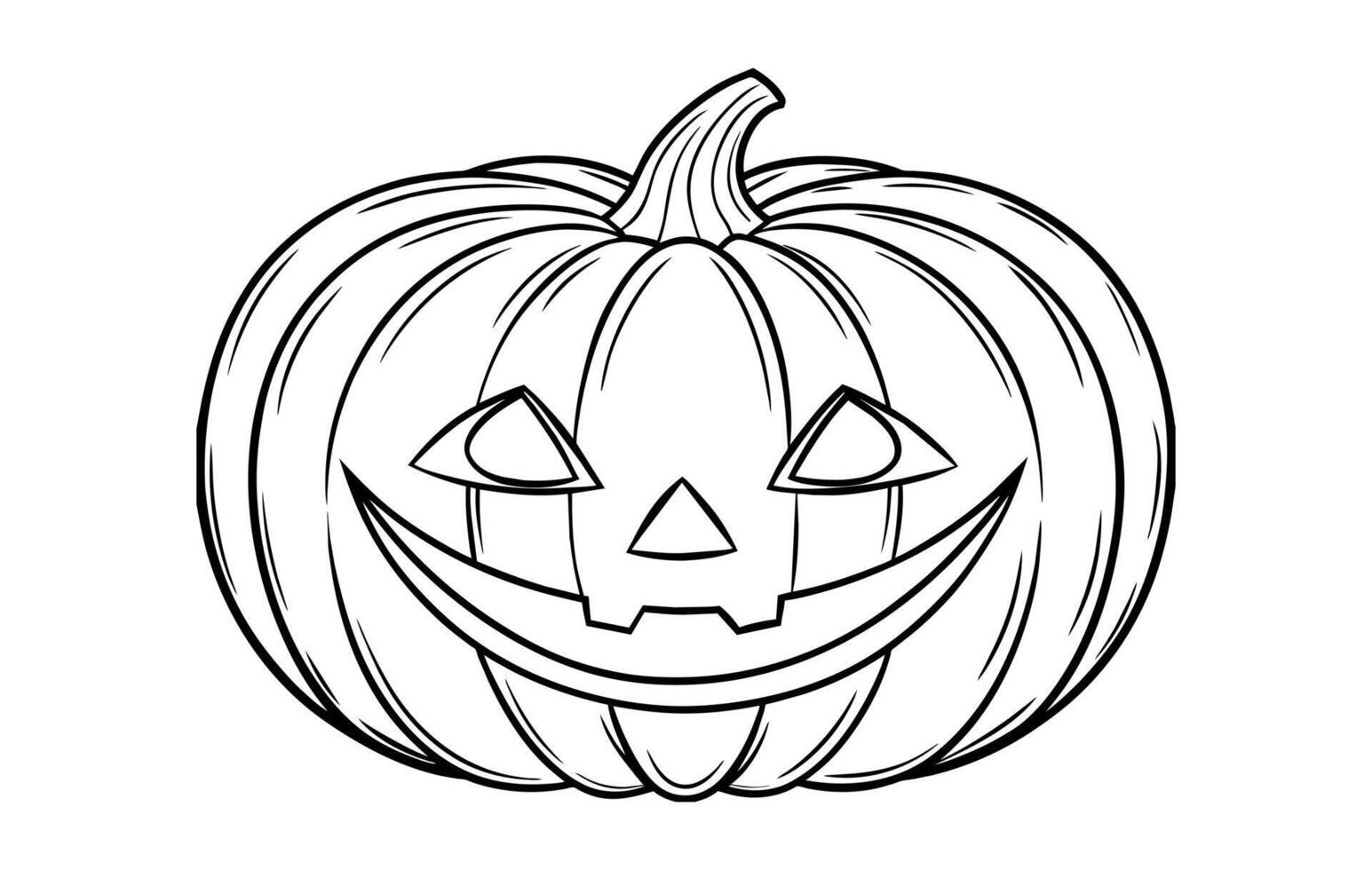 Carved pumpkin illustration for Halloween. Black and white outline drawing of smiling jack-o-lantern. Concept of Halloween, coloring activity, spooky fun, holiday decorations. vector
